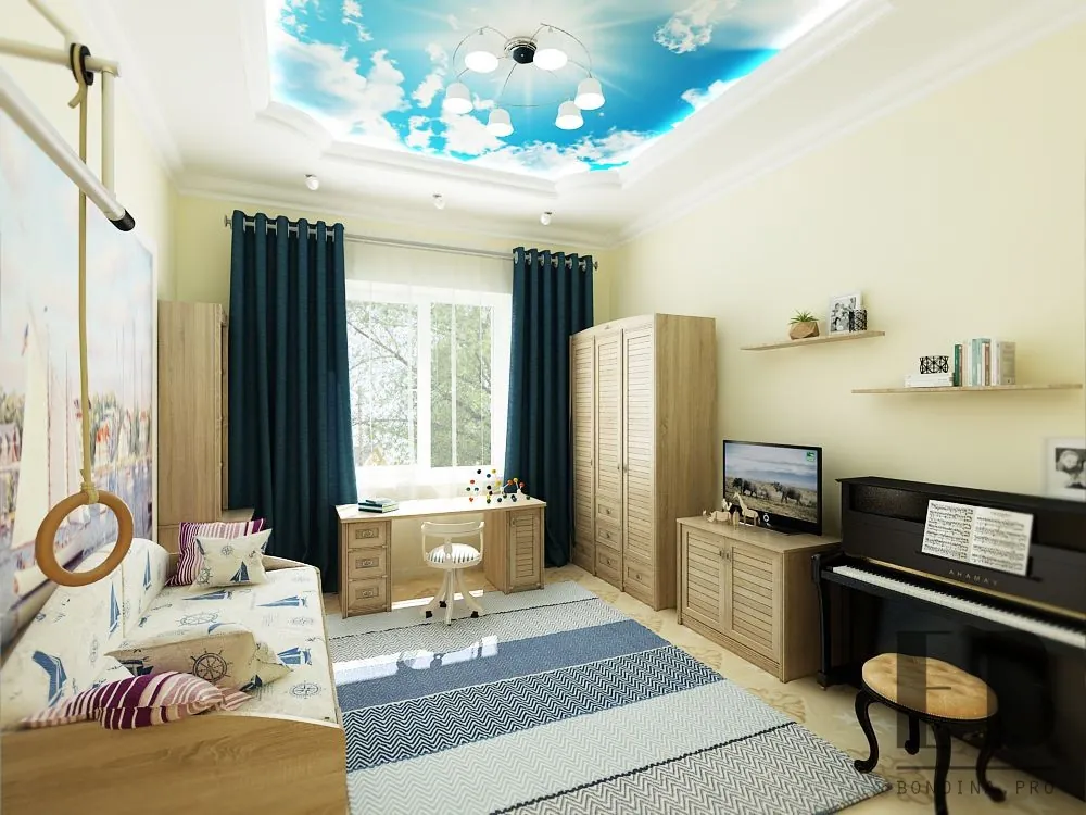 Tender  design of the little girl room with sand color walls and cute photo wallpaper, light wood furniture and a piano