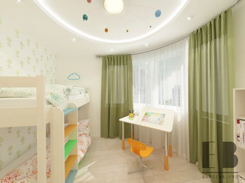 Design a small room for two kids with bunk bed and planet pendant lights