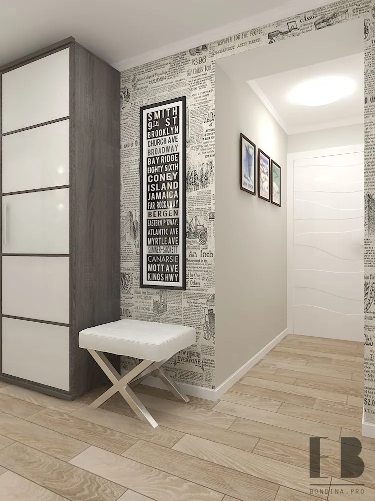 Beautiful narrow hallway design in white and grey colors with newspaper wallpaper, a big wardrobe,