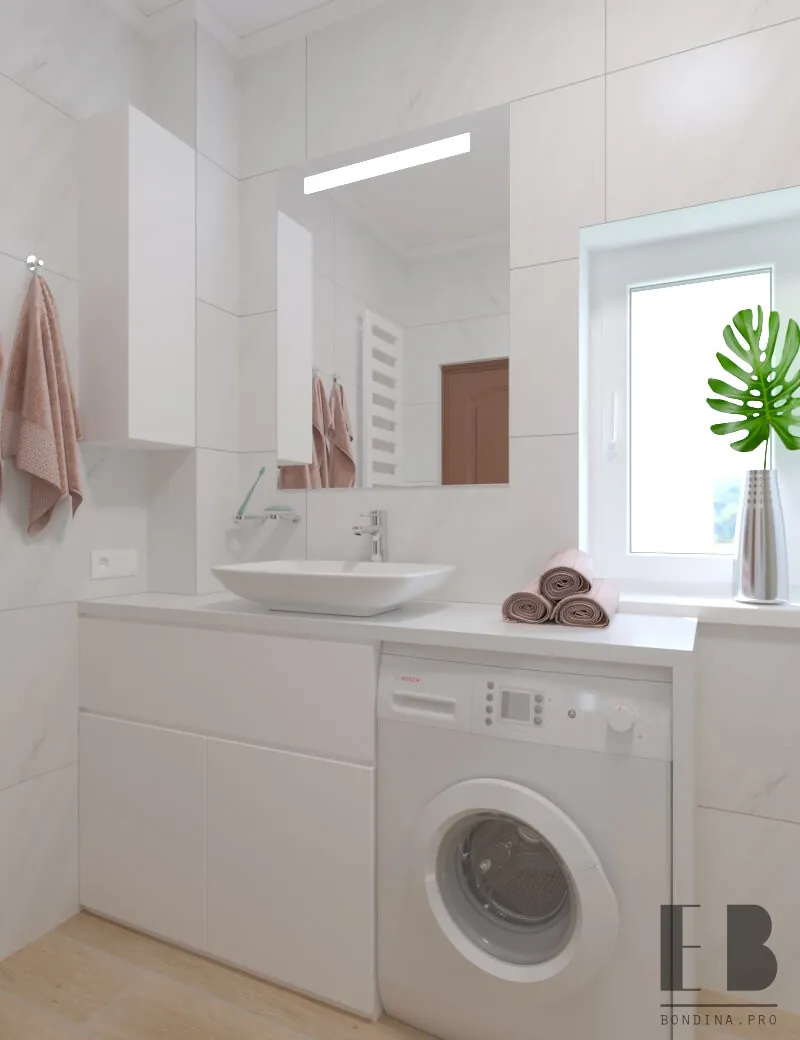 White cozy bathroom with glass shower and washing machine