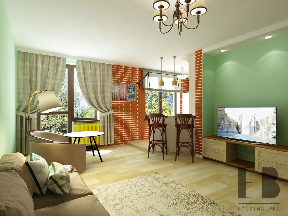 Design of a modern living room with brick wall
