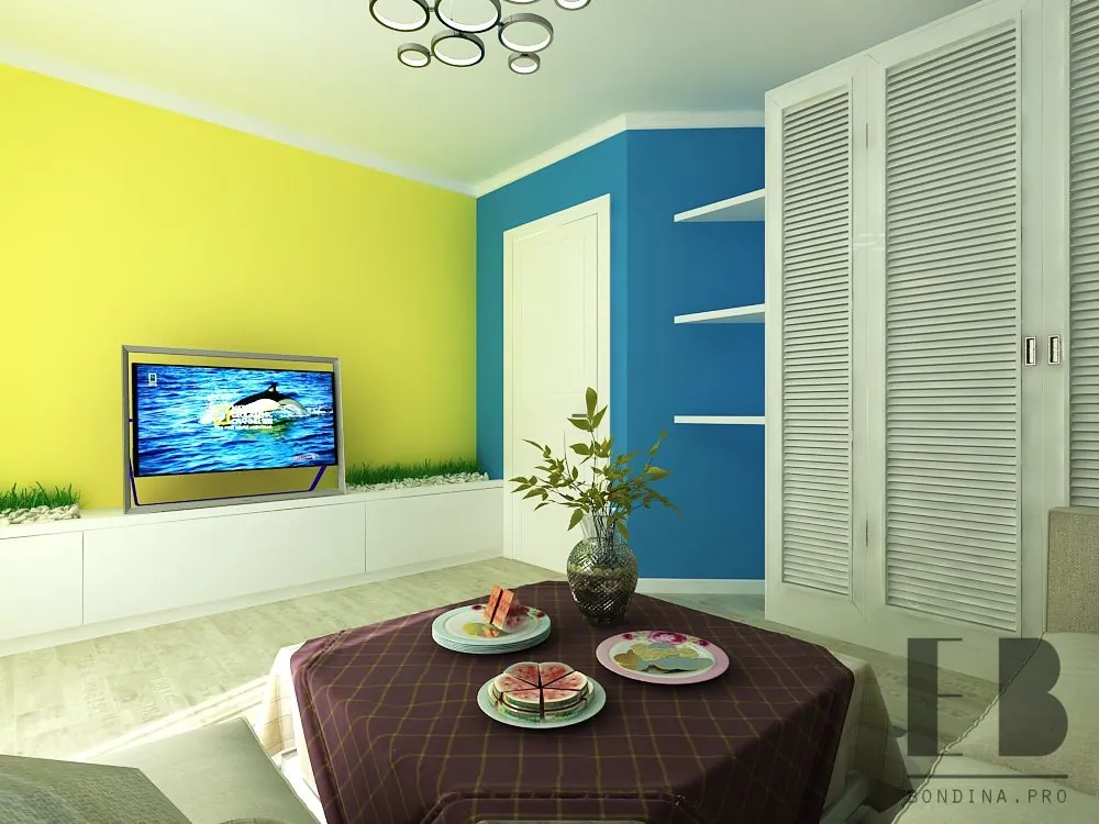 Coastal living room interior in blue, yellow and white