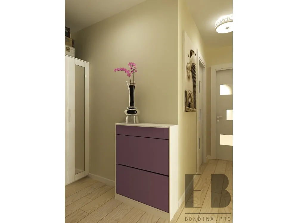 Beige Hallway Design with purple chest of drawers