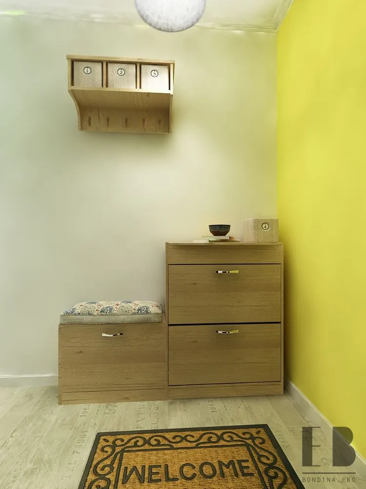 Narrow Hallway Interior Design with Yellow Wall and a Chest of drawers