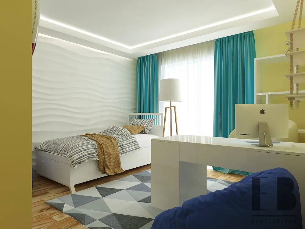 Teen room design in a coastal style with waved wall