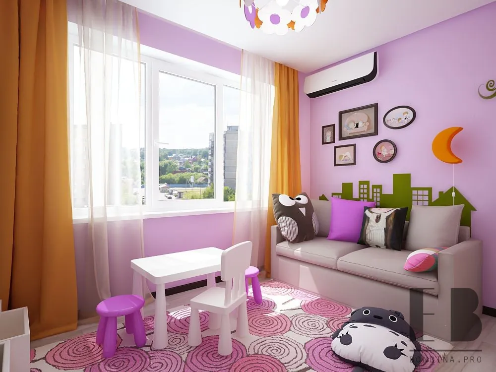 Tender lilac toddler room for a girl with white furniture