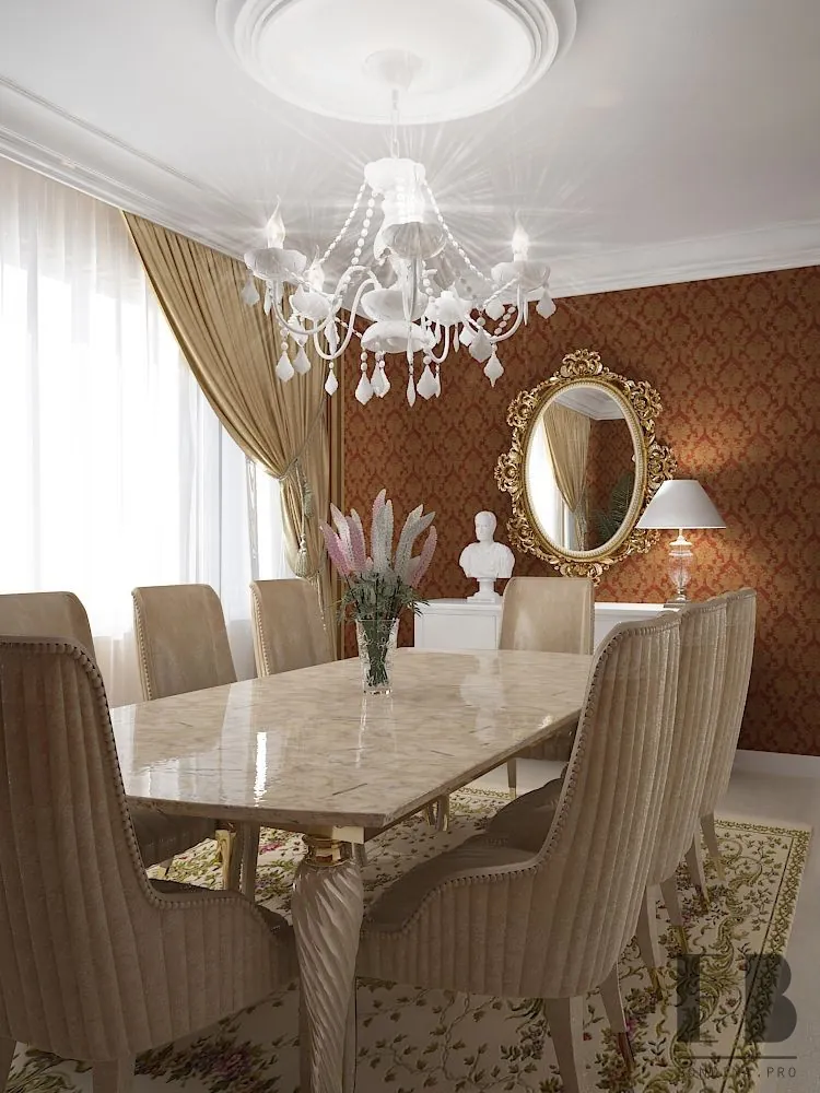Interior design in a classic style with wine-colored wallpaper