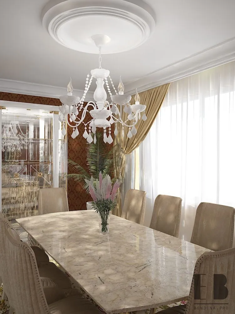 Dining room design in a classic style with wine-colored wallpaper