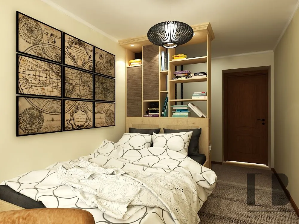Stylish small bedroom for teenager with bookshalves