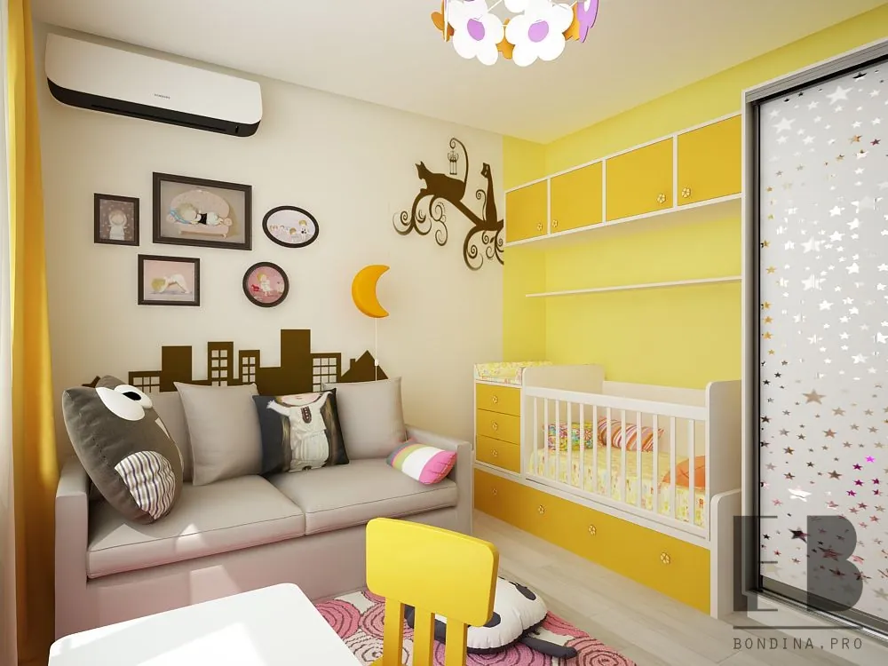 Yellow and pink toddler room design 