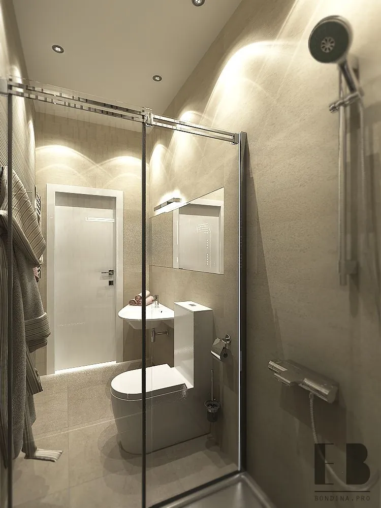 Sand Colored Bathroom Interior With Walk-In Shower