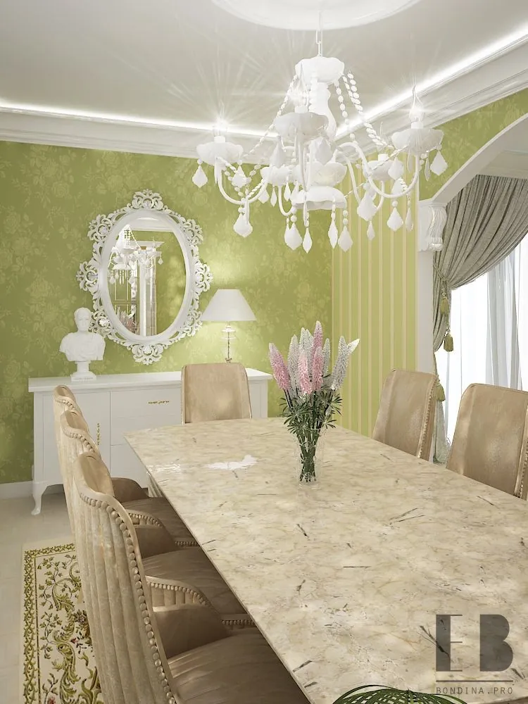 Classic style dining room interior design: white and green