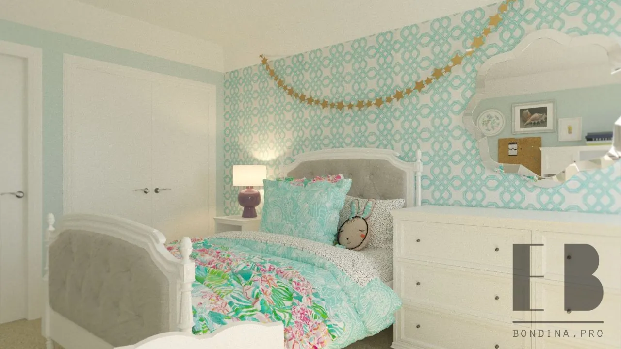 Gentle bedroom for teenage girl in blue and white colors