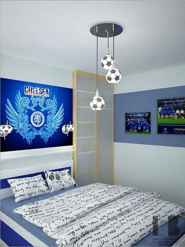 Soccer themed bedroom in blue colors