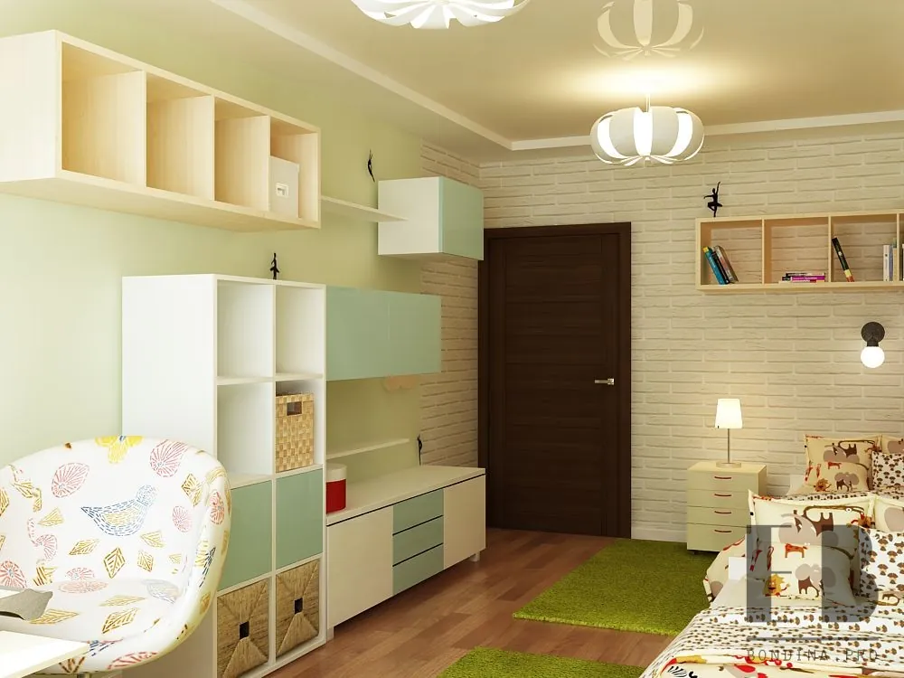 Children's room design in green and beige colors