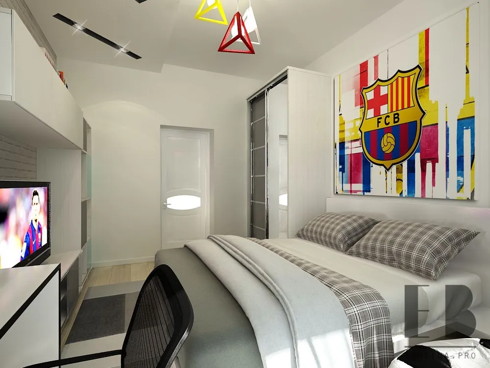 Bedroom for boy with FCB Logo, a big wardrobe, a desk, and comfortable bed