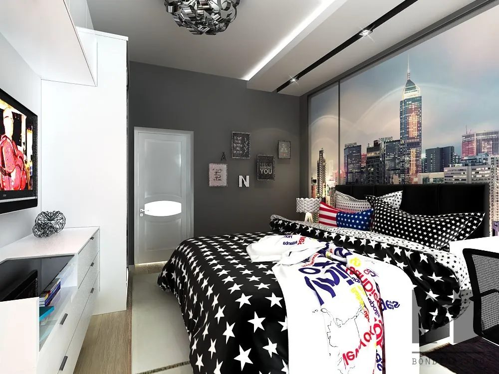 Contemporary New York Themed Bedroom with a large bed 