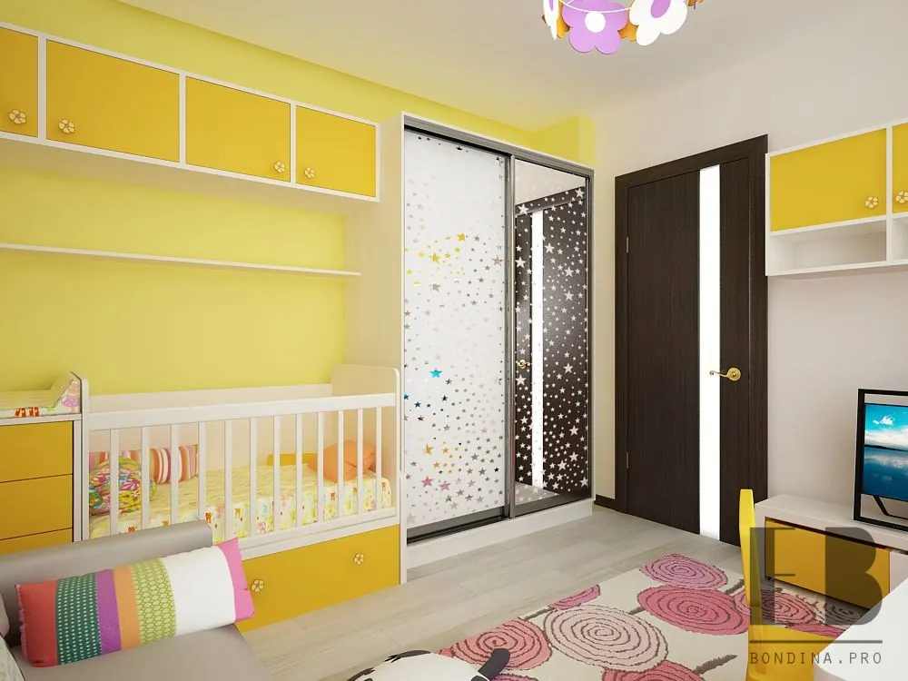 Modern toddler girl room design in yellow, pink and white colors