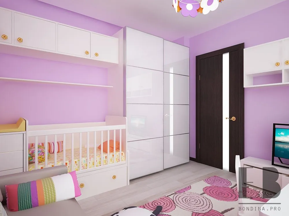 Tender lilac toddler room with white furniture, lovely cot and yellow curtains