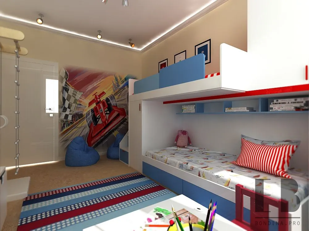 Boy's room design with racing car and twin bunk