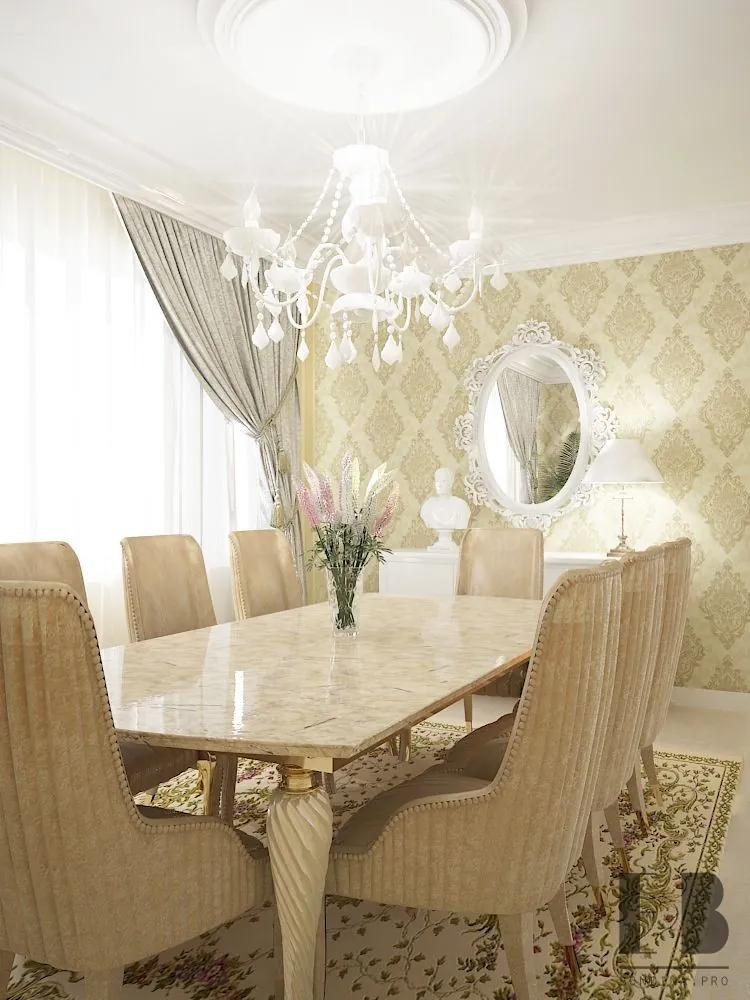 Classic style dining room interior design in beige and white
