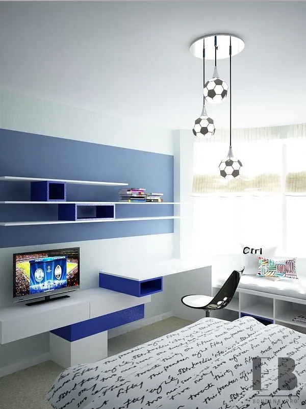 Football themed bedroom in blue and white