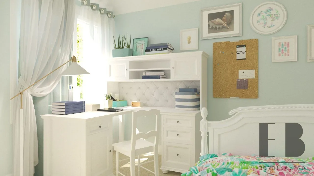 Teenage girl bedroom design with working place