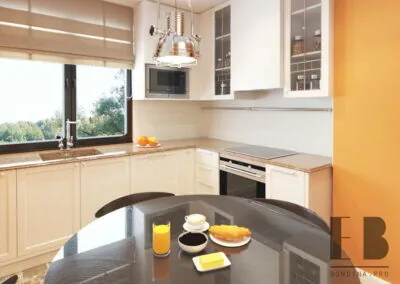 Contemporary orange kitchen with white cabinets