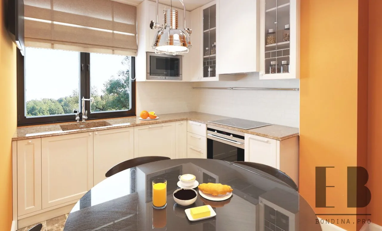 Modern kitchen with orange and white walls, white kitchen cabinets, steel lights and roman curtains
