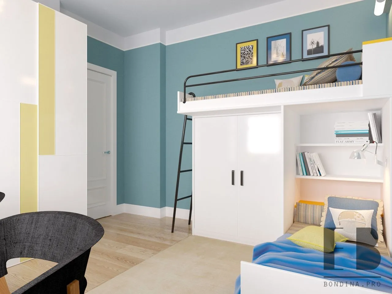 Boys shared bedroom in blue color with twin bunk