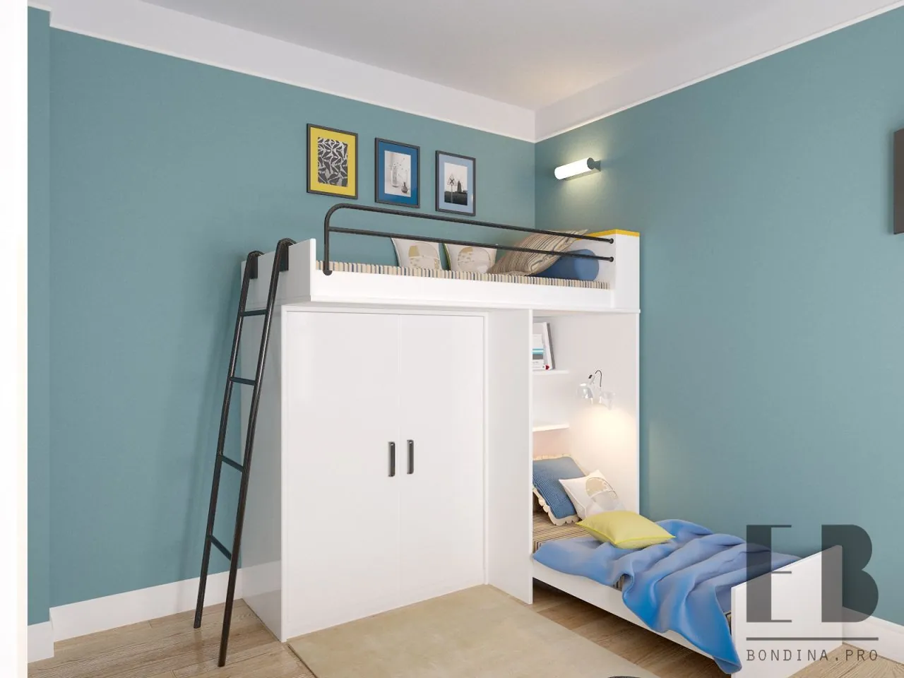 Boys shared bedroom design with white twin bunk
