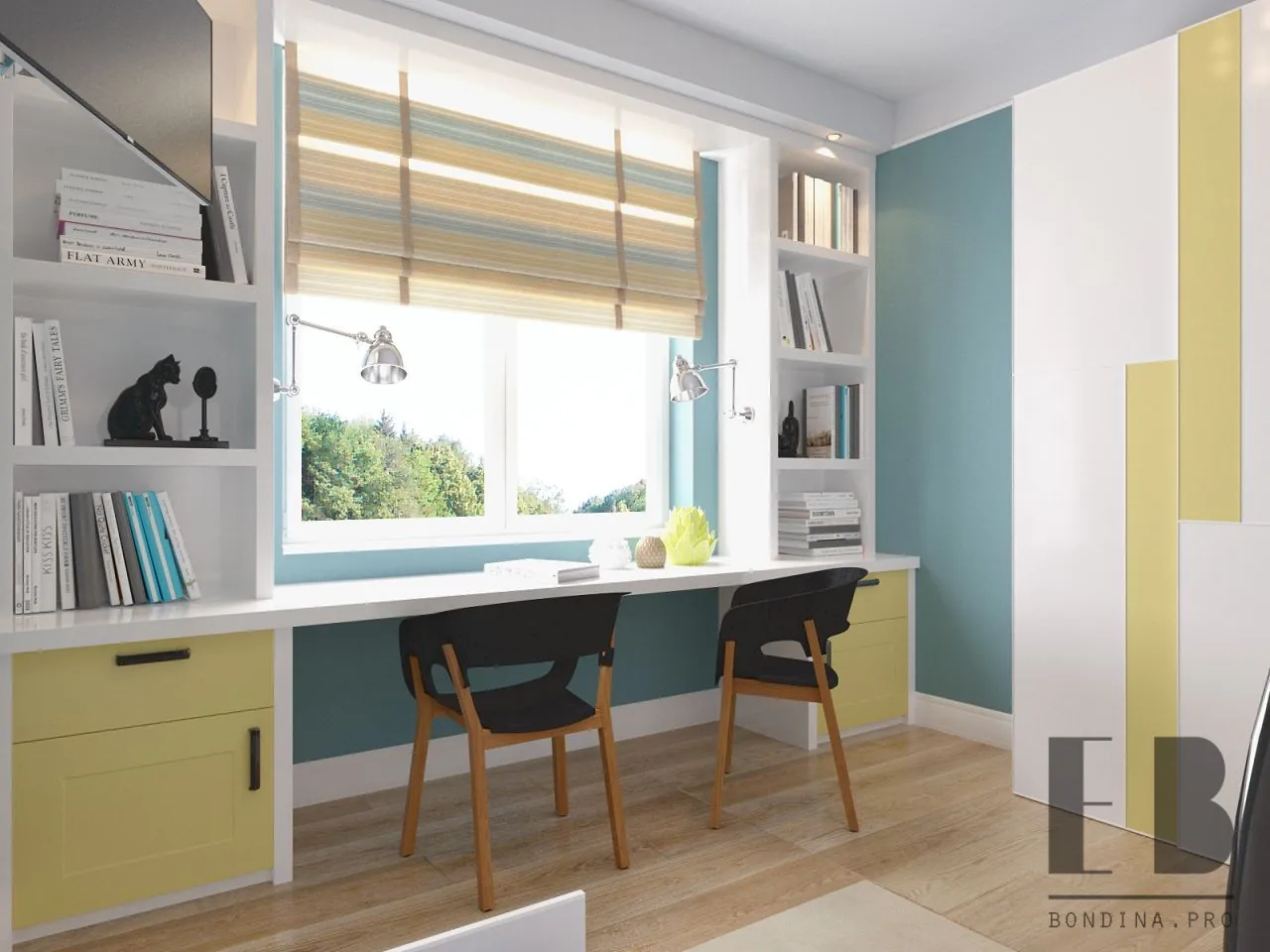 Boys room design with desk in front of the window
