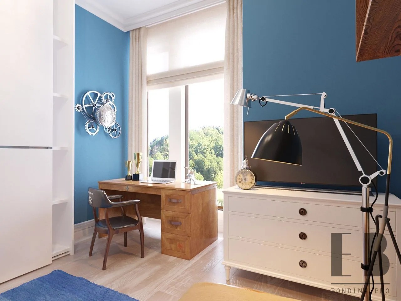 Contemporary blue and white boys room design