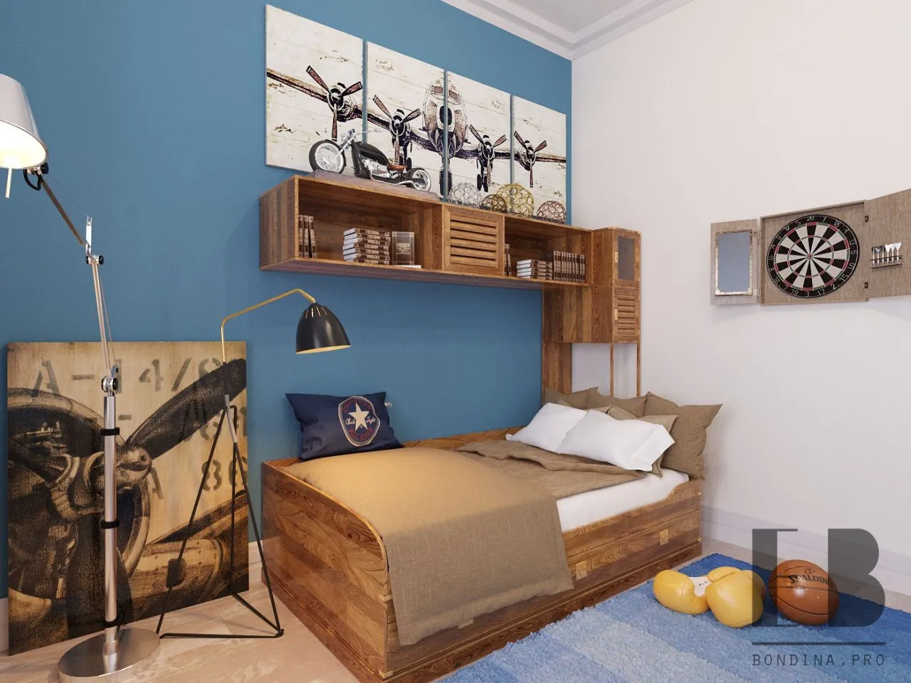 aviator themed bedroom design with blue walls and wood furniture