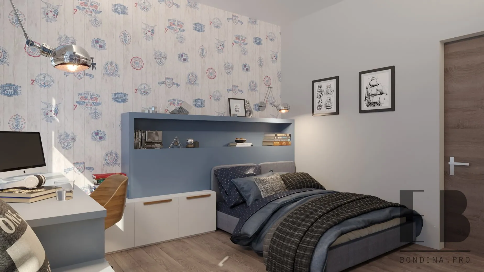 Modern nautical themed children room in white and blue