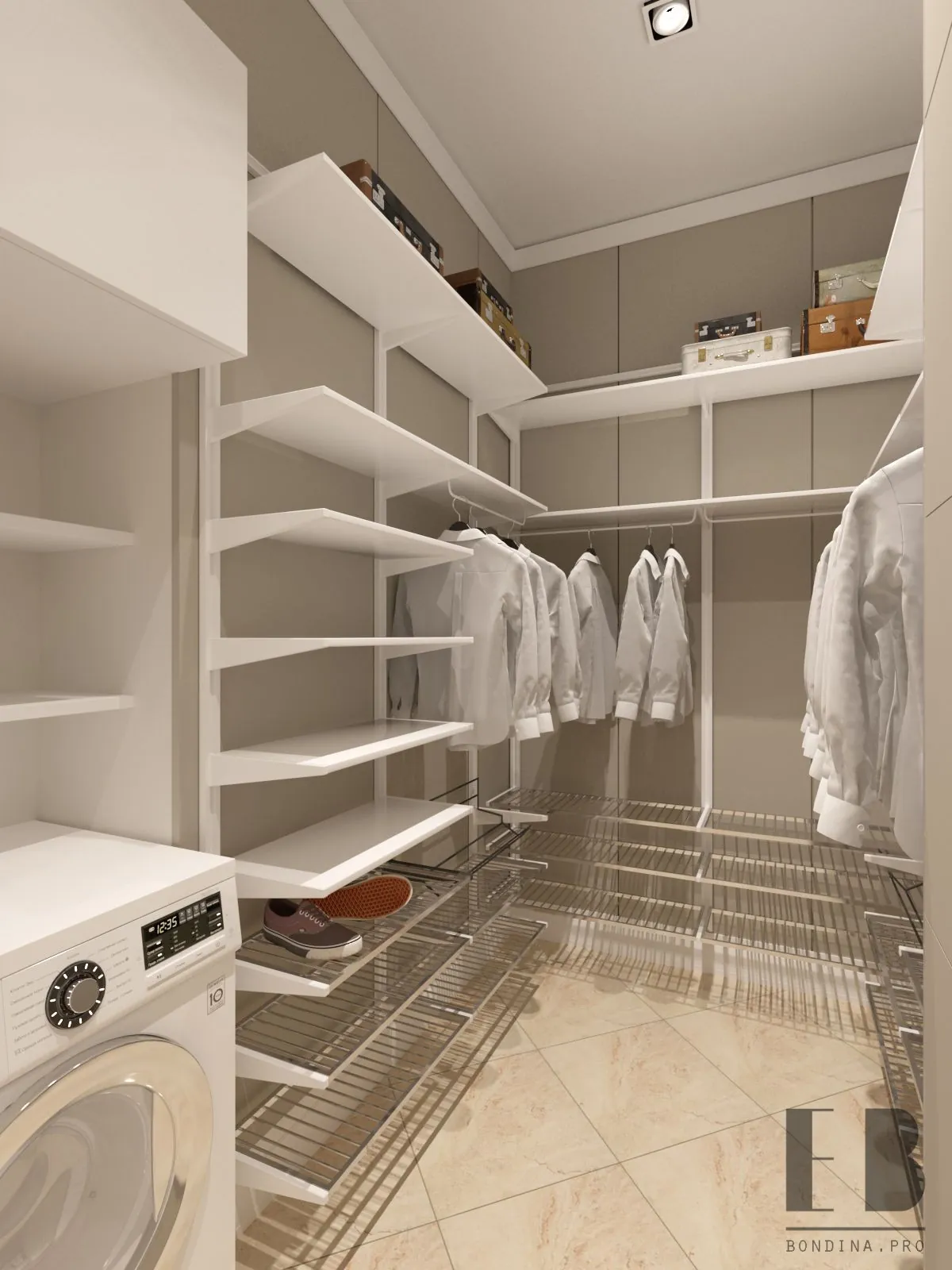 White dressing room design with washing machine