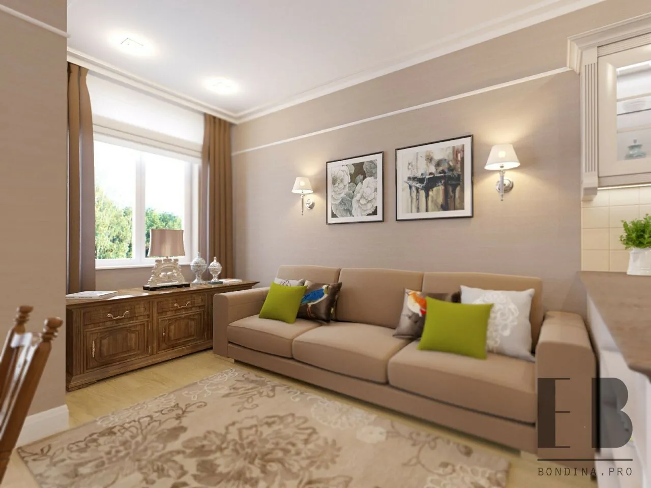 Small Living Room in Beige Color with Beige Sofa and wooden low chest of drawers