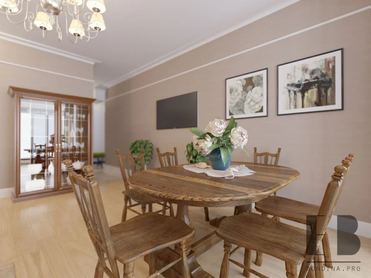 Dining room design in beige color with wooden capboard, table and chairs 