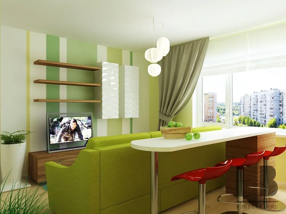 Kitchen-living room combo design in lime color