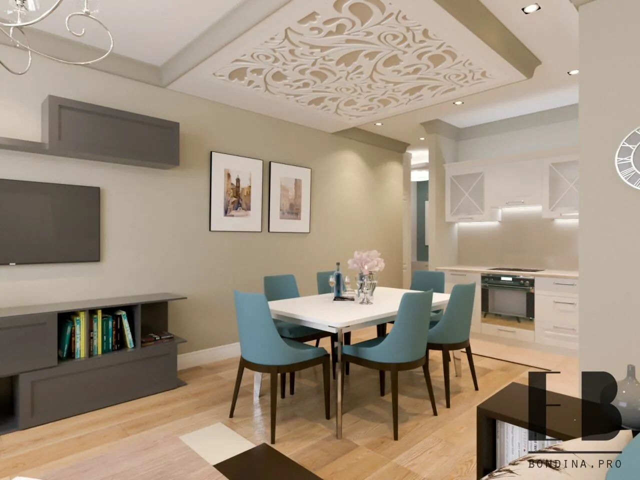 Beige dining room with beautiful ceiling design, blue chairs and grey shelves