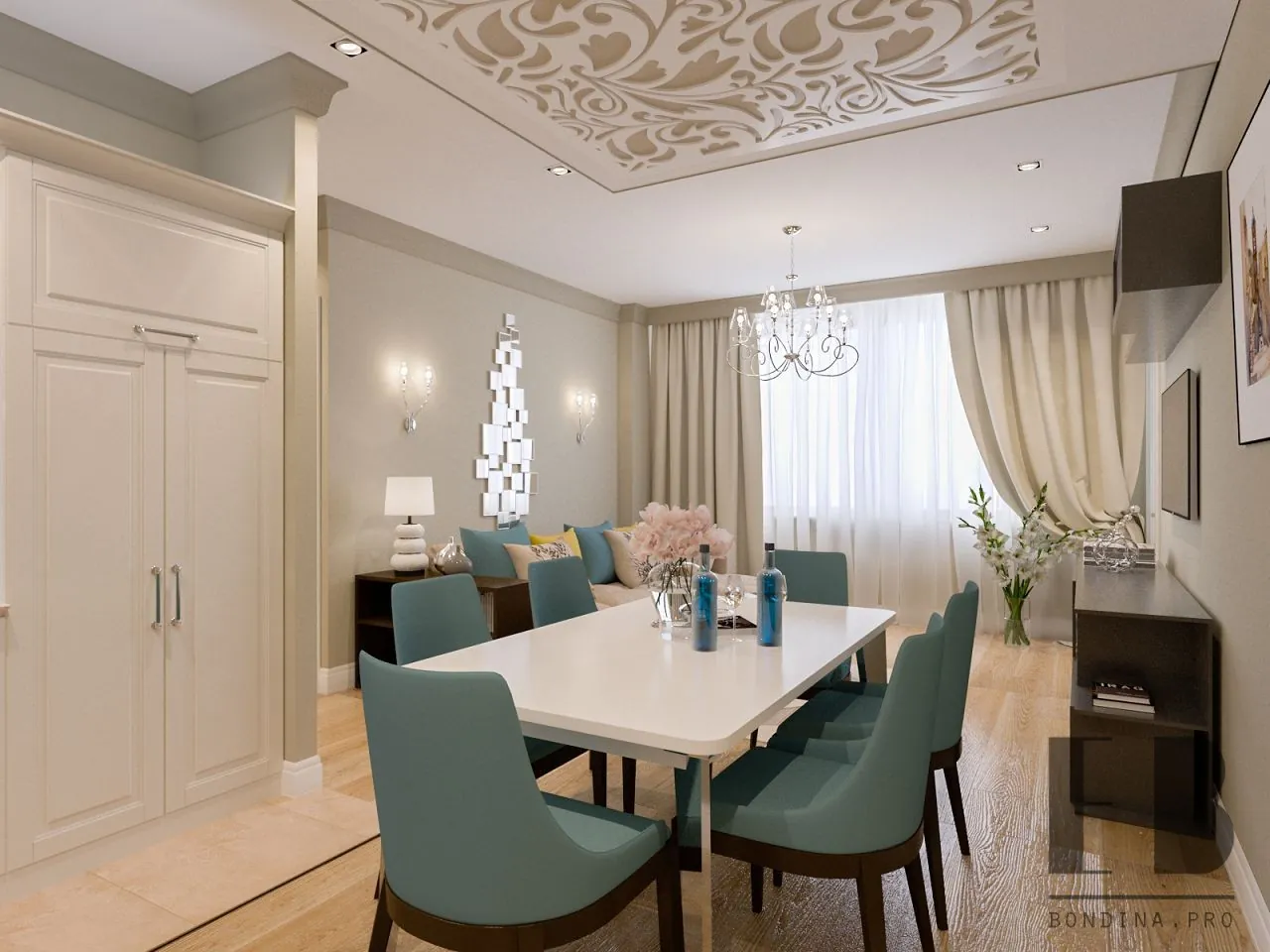 Beautiful and Tender dining room interior in beige and blue colors