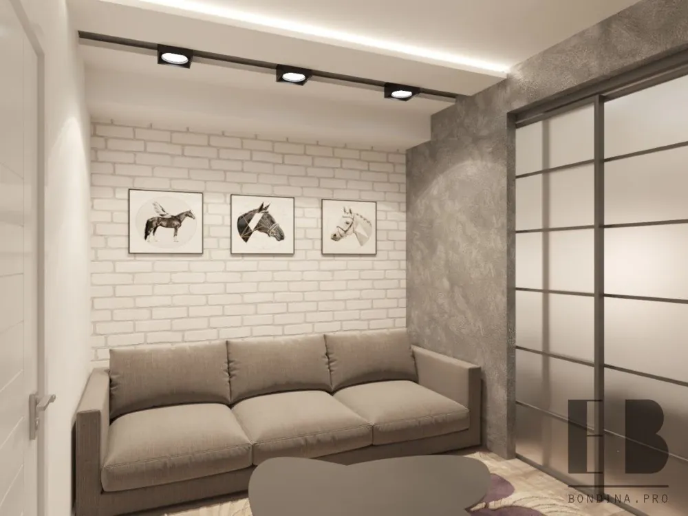 Grey living room with brick wall