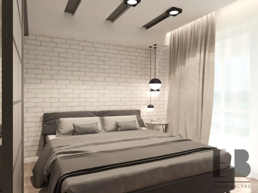 Contemporary bedroom in grey colors with brick wall
