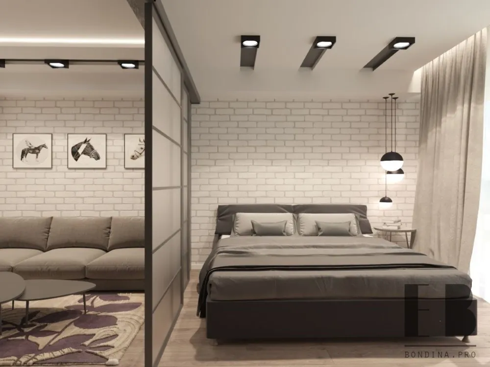 Спальня гостиная со стеклянной перегородкой дизайн