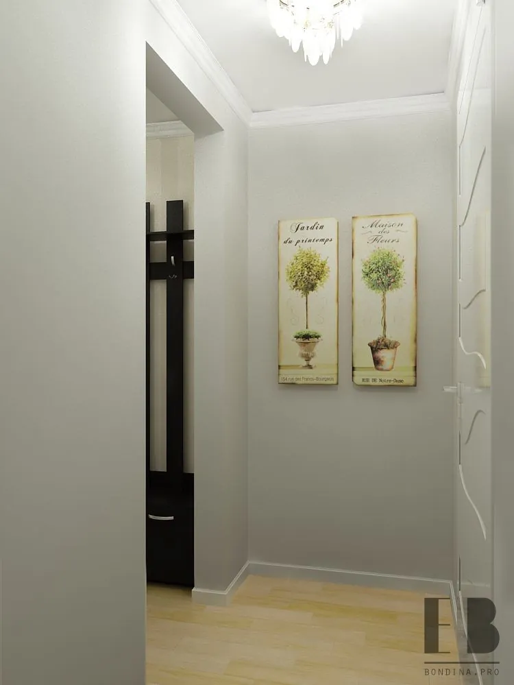 Hallway interior design with pictures on the walls