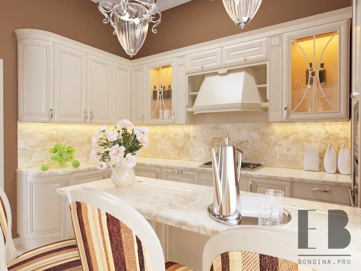 Luxury terracotta kitchen design with white kitchen cabinets