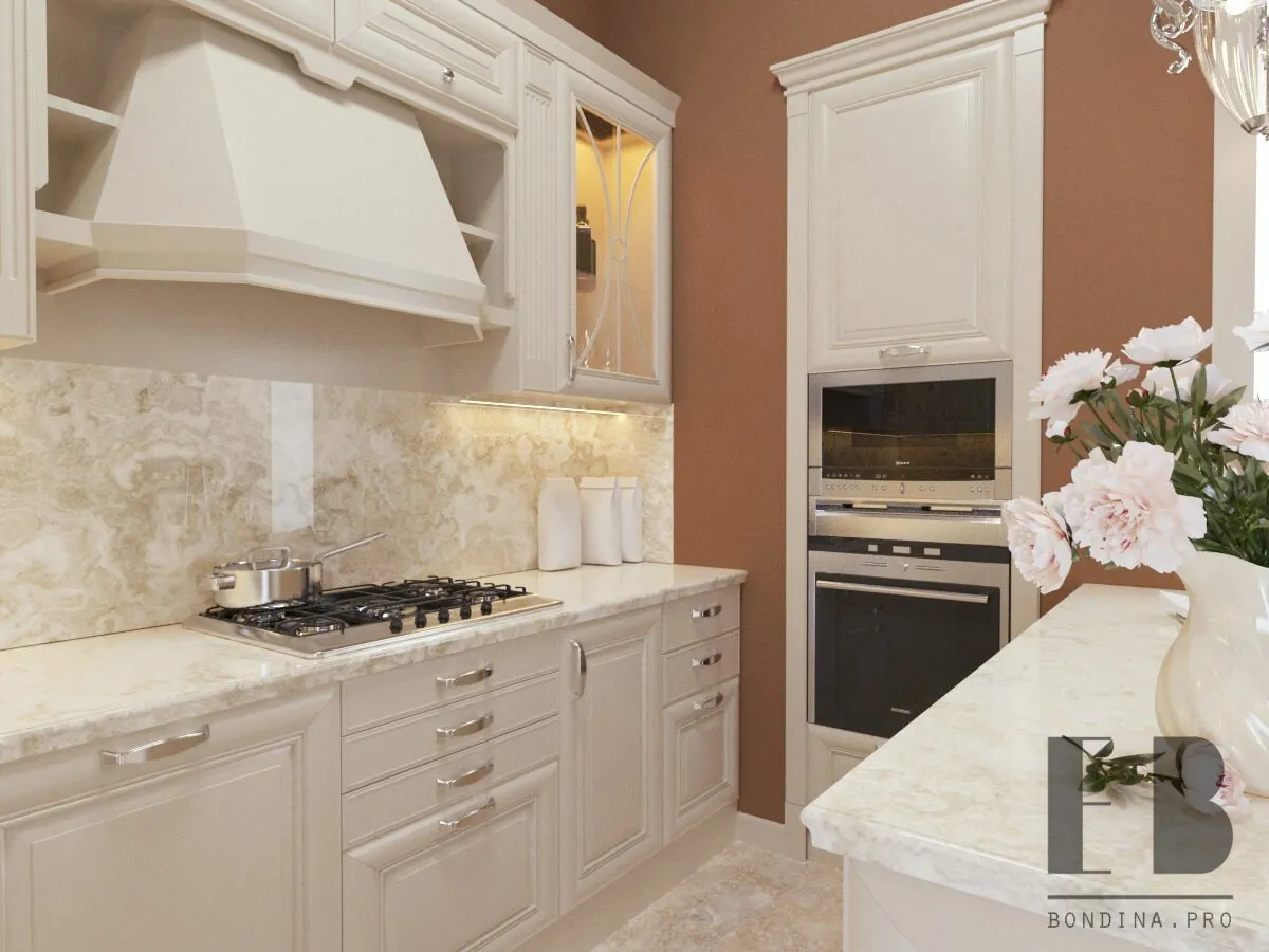 Classic white kitchen interior design with white island and built-in cabinet and terracotta walls