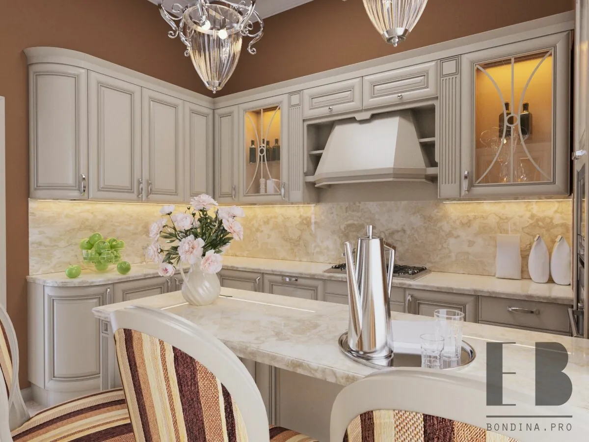 White kitchen island with quartz countertop and chairs - Kitchen interior design