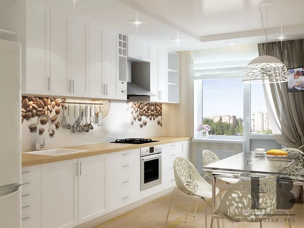 Light kitchen design with coffee backplashes and openwork plastic chairs