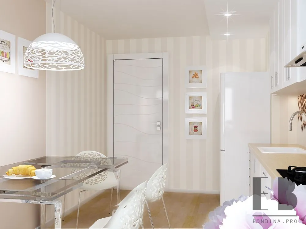 Beautiful white kitchen design with openwork chairs in a studio apartment